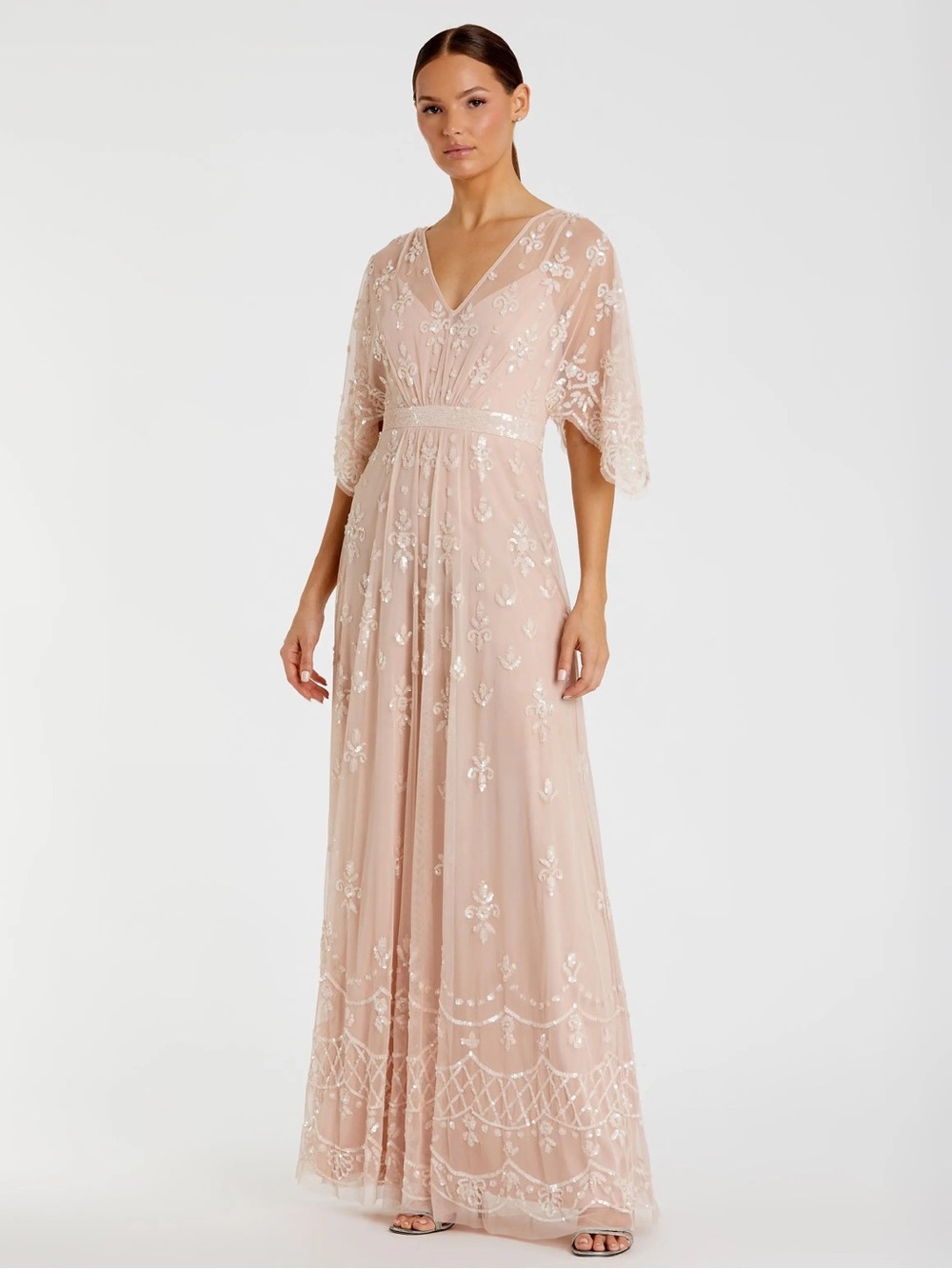 MAC DUGGAL Pink V Neck Flounce Sleeve
Embellished Mesh Gown Sz: 18 #9144
